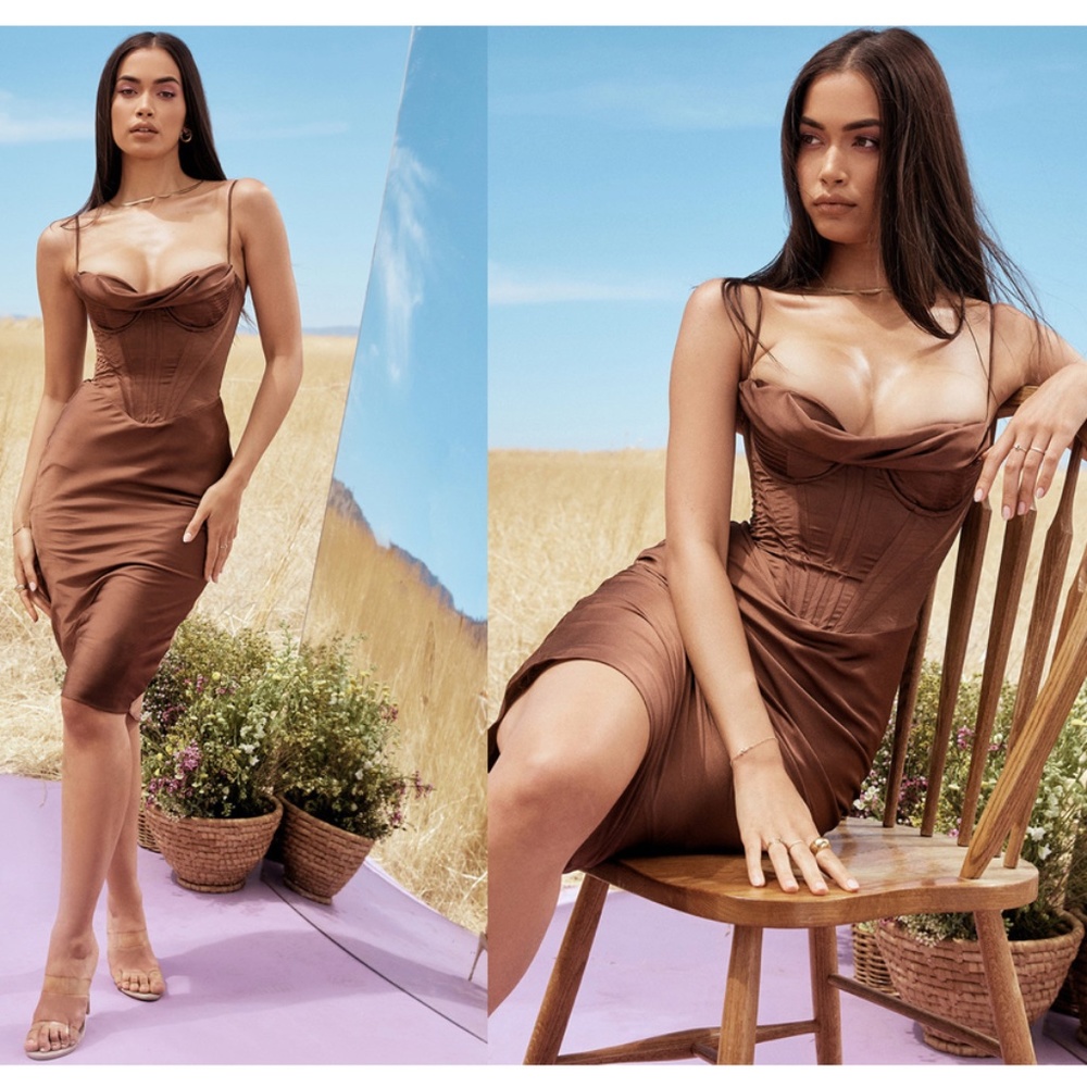 House Of Cb 'Myrna' Chocolate Satin Corset Slip Dress Nwot Xs